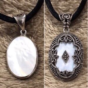 JUDITH JACK Silk Necklace & Marcasite Embellished Silver Mother of Pearl Pendant